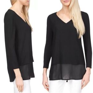 Michael Kors Black Layered Hem Top V-neck Long Sleeve Mixed Media Blouse Size SP